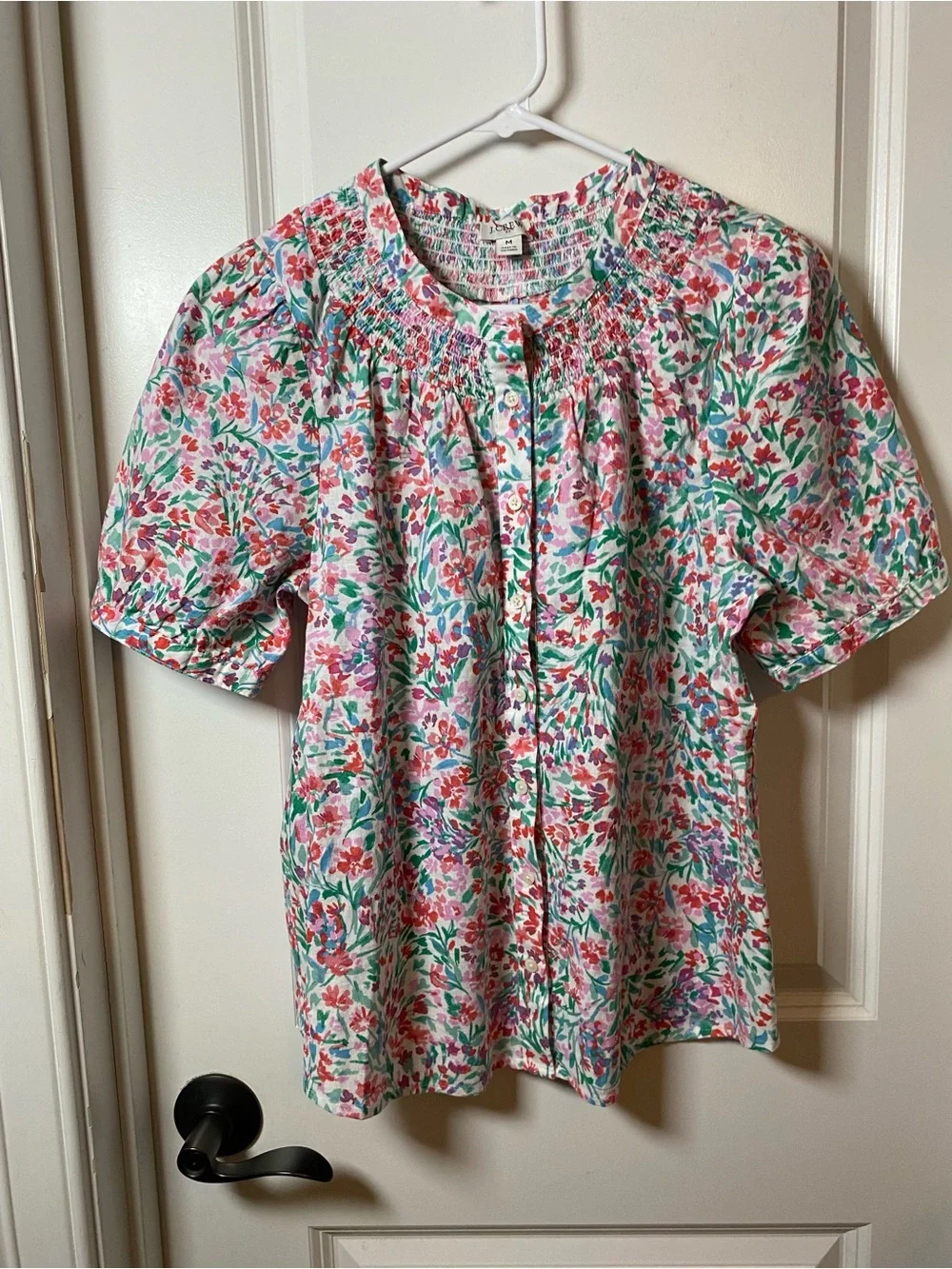 J. Crew Linen Blend Pink and Green Floral Smocked Button-Front Blouse
